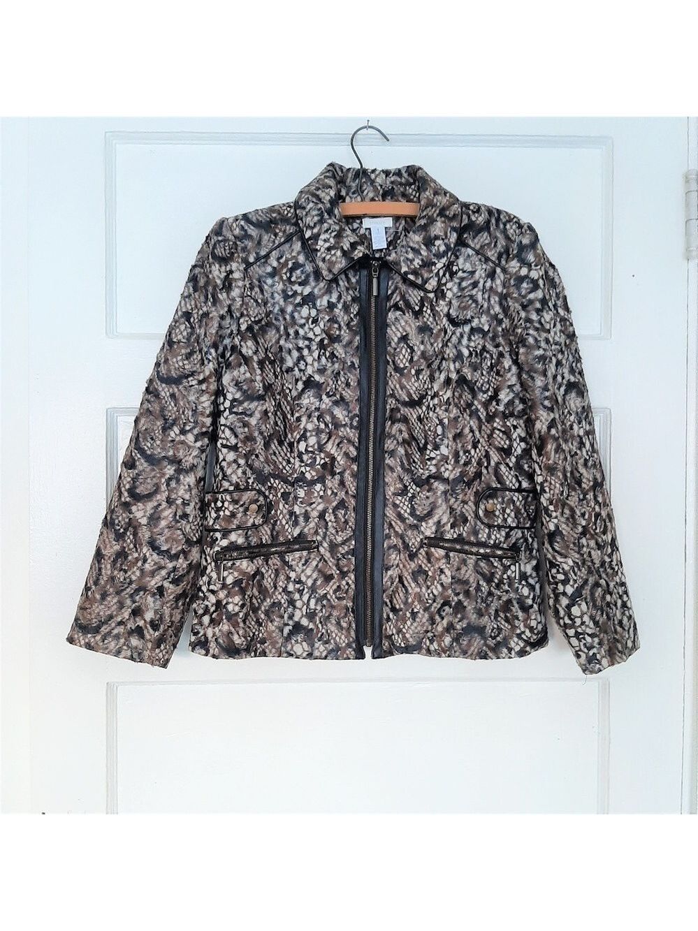 Women's Faux Fur Animal Snake Cheetah Print Zip Front Collared Jacket